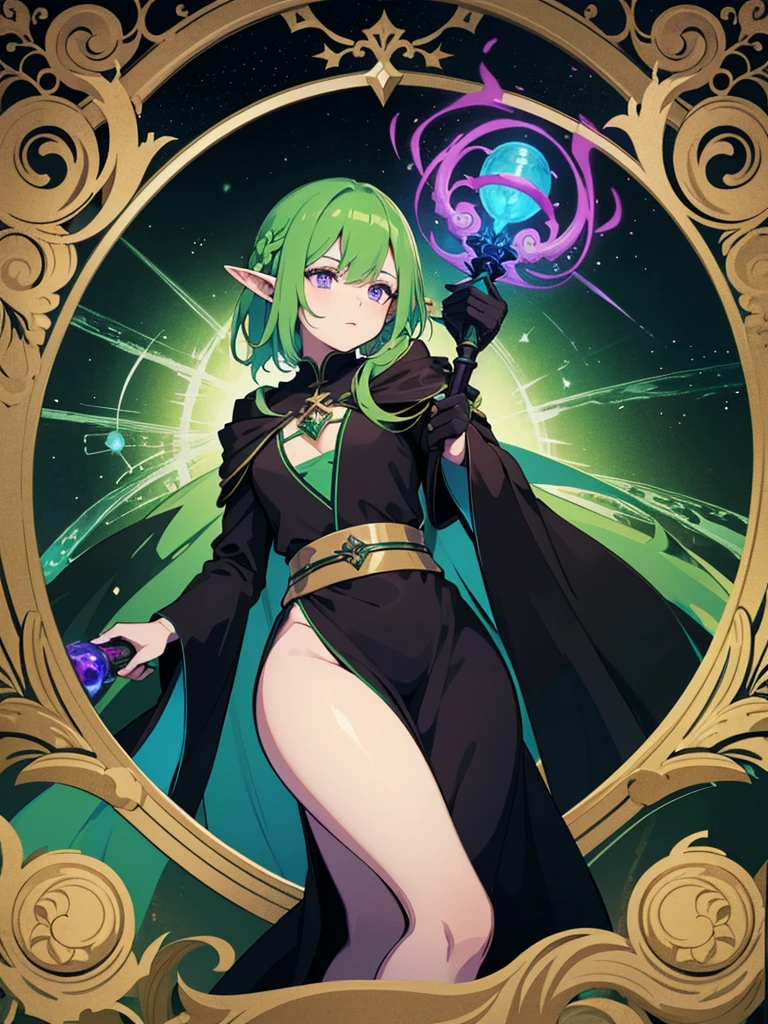 Elf Man, mage, green hair, dark fantasy, detailed green and black cosmic robe, cosmic staff, dragon wings , purple eyes, solo man, 1male
