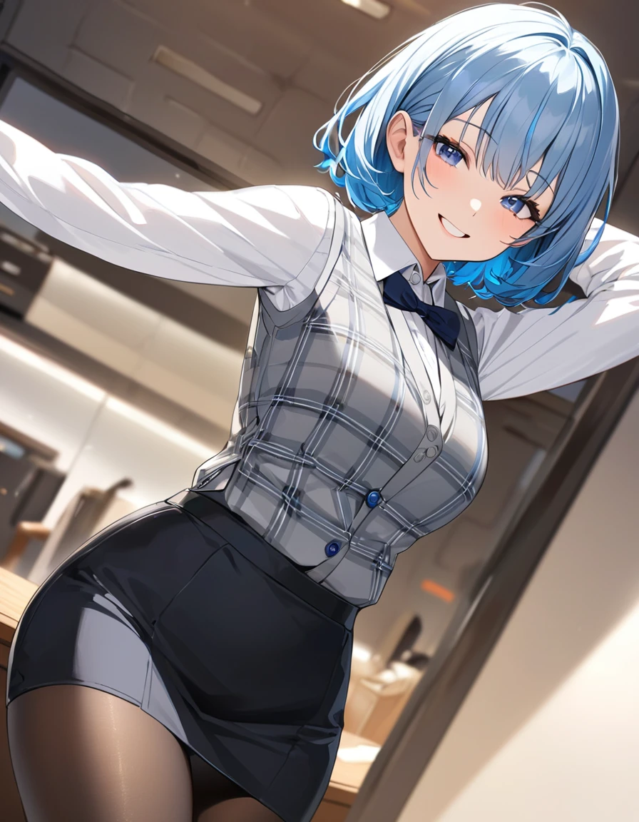 (Highest qualityのイラスト:1.2), (pretty girl:1.1), (1 girl、、Highest qualityのイラスト:1.2), (1 girl、smile、Beautiful breasts、Very detailedな目:1.2)、((Bright blue hair:1.2))、Short Bob Hair、(Highest quality、Very detailed、Very detailed and beautiful、Ultra-high resolution) 、BREAK wearing a [[white and gray plaid pattern]] vest over a long sleeve white collared-shirt), (buttoned gray vest:), (tight black pencil skirt), (pantyhose),office、Front facing、smile、