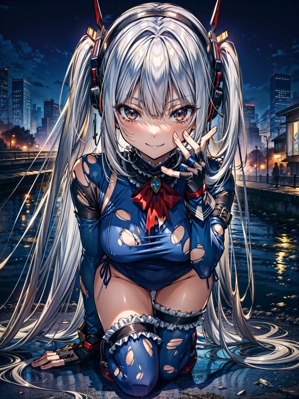 finest masterpiece, Super detailed, Highest quality, Sharp focus, 12k, ultra hi resolution picture, big ,12k,Perfect Anatomy, Highest quality, Marie Rose,Wicked Smile,Provocative attitude
,,evil Smile,Anime Style,(Frilled swimsuit, Knee socks, Removed sleeve), (Anime Style:1.4) ,
,(White fingers:1.1,Black gloves),
Hollow Eyes,,One Girl、(Cyberpunk townscape),,(Very long hair:1.6),(whole body:1.3),
Silver Hair,(Full Face Headgear:1.6),(Torn clothes:1.8)