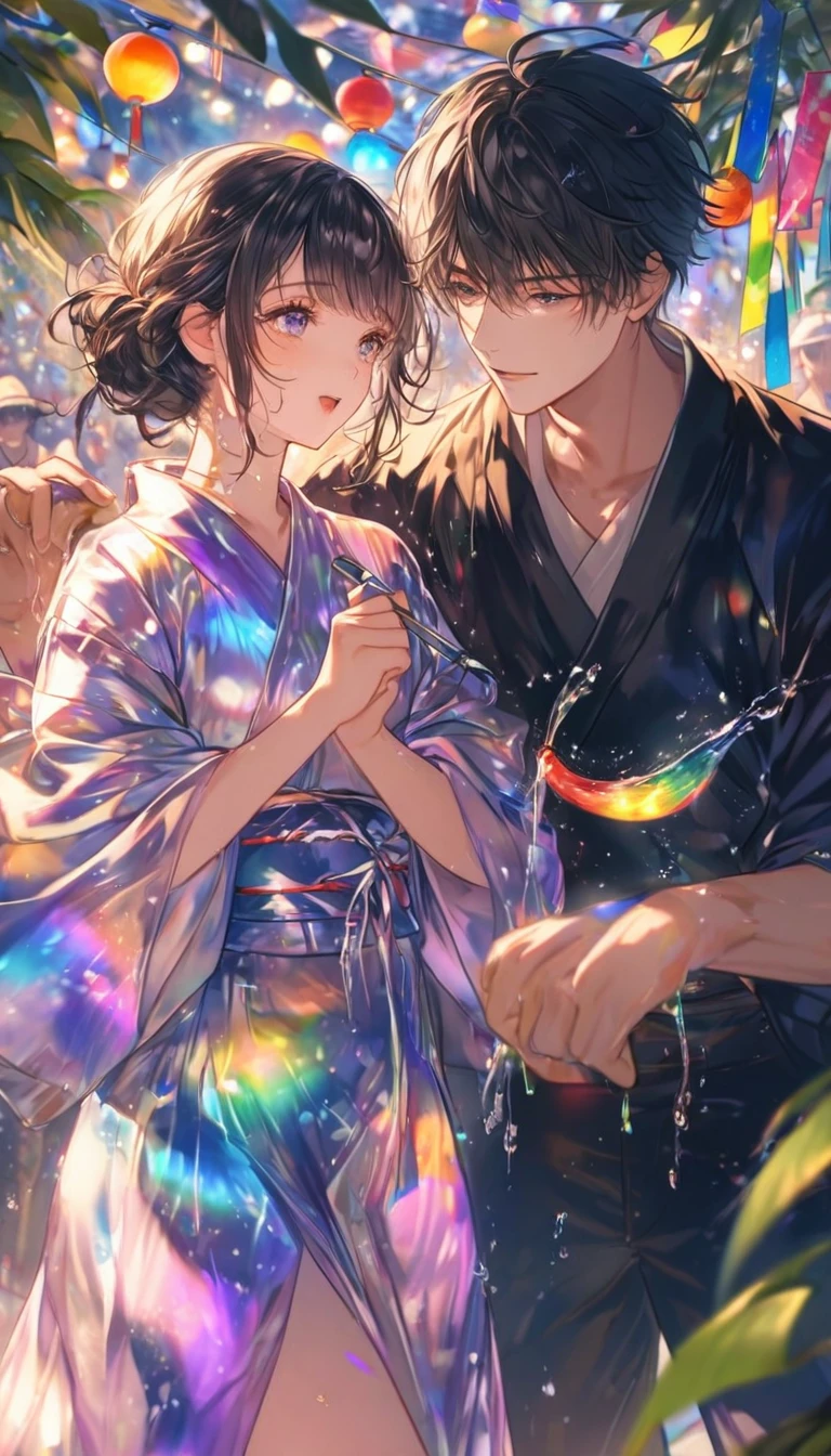 Two people、Tanabata、Strip、Bamboo leaf、Stripに願いをこめて、Stripを持っている、Grilling in a yukata,fluid,Particles of light, dream-like,Sparkling,dream-like glow,Paint drips,oil,strong stroke,Paint drips,Splash Paint Drop, oil,(Abstract:1.2)A girl and a boy made up of(Tanabataライトトレース:1.25),Change to (Radioluminescence light tracking) スタイルTanabataのSummer festival,Two peopleは織姫と彦星(Cowboy Shot,Above Knee Portrait:1.25),Temple Fair,Summer festival,Shining in rainbow colors、16K, Ultra-high resolution, to be born,wonderful ,future、Iridescent、The world 30 years from now。