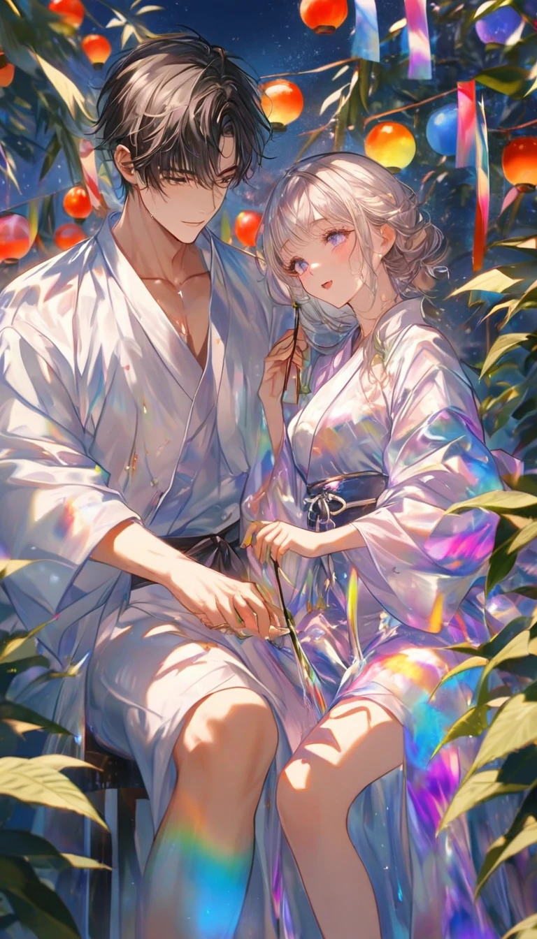 Two people、Tanabata、Strip、Bamboo leaf、Stripに願いをこめて、Stripを持っている、Grilling in a yukata,fluid,Particles of light, dream-like,Sparkling,dream-like glow,Paint drips,oil,strong stroke,Paint drips,Splash Paint Drop, oil,(Abstract:1.2)A girl and a boy made up of(Tanabataライトトレース:1.25),Change to (Radioluminescence light tracking) スタイルTanabataのSummer festival,Two peopleは織姫と彦星(Cowboy Shot,Above Knee Portrait:1.25),Temple Fair,Summer festival,Shining in rainbow colors、16K, Ultra-high resolution, to be born,wonderful ,future、Iridescent、The world 30 years from now。