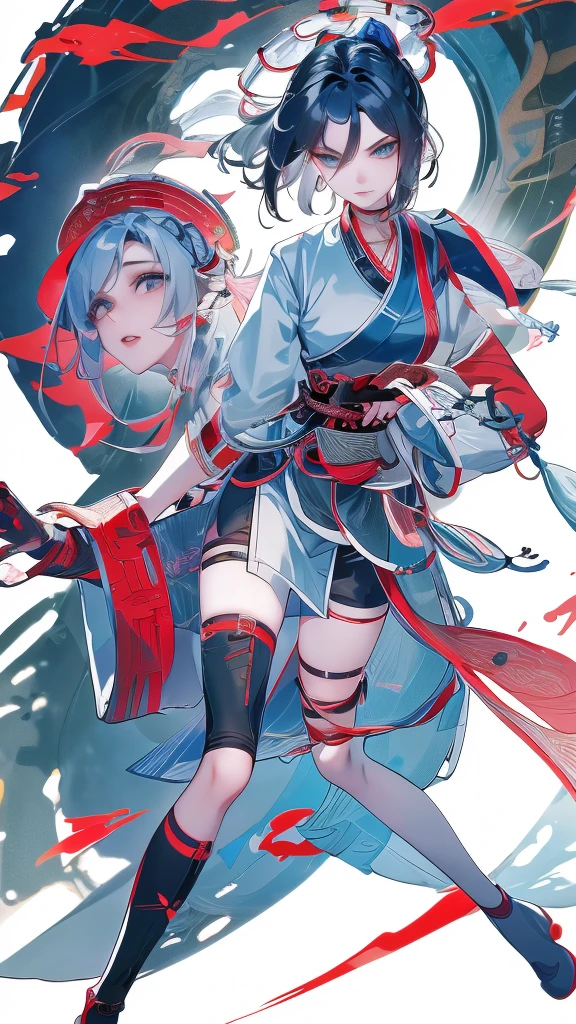 Masterpiece, Best quality, 1 Ji Ruxue, the expression is cold, strong, blue eyes, short hair, wolfcut hairstyle, smoky mix blue color hair, resolute eyes, red lips, simple Taoist Taoist uniform, Chinese mix morden, frontal photo, black or white background, simple background, アニメ, illustration, Chinese style short-sleeved shirt, cool girl, Ji Ru Xue, Fullbody, blank background , full HD