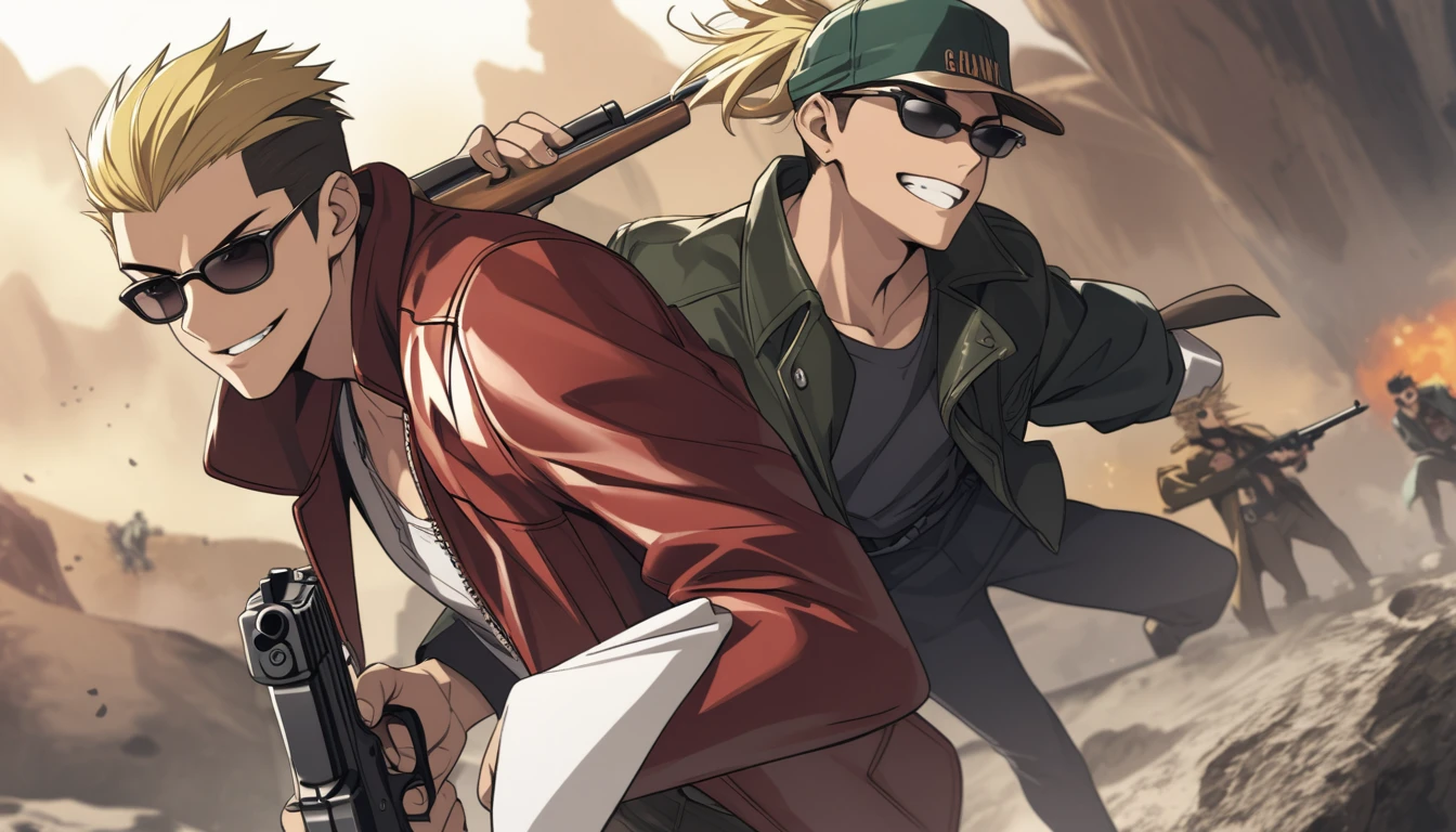 Red leather coat、One young man、Blonde、He has a gun、Grin、wilderness、sunglasses、Trigun style