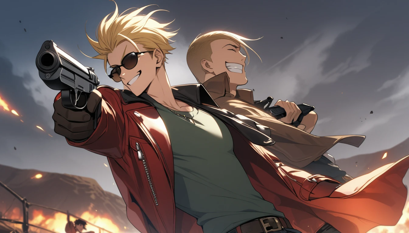 Red leather coat、One young man、Blonde、He has a gun、Grin、wilderness、sunglasses、Trigun style