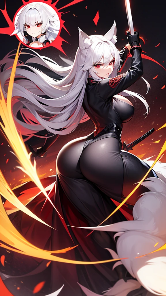 An adult woman half fox and wolf, wide breasts, red eyes, white hair, very angry, in a black dress, on her back, wide ass, looking back, with a sword, and in a battle environment, and very sexy