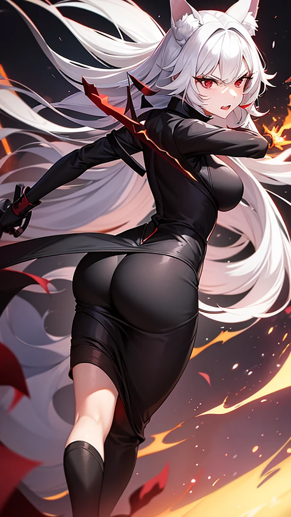 An adult woman half fox and wolf, wide breasts, red eyes, white hair, very angry, in a black dress, on her back, wide ass, looking back, with a sword, and in a battle environment, and very sexy