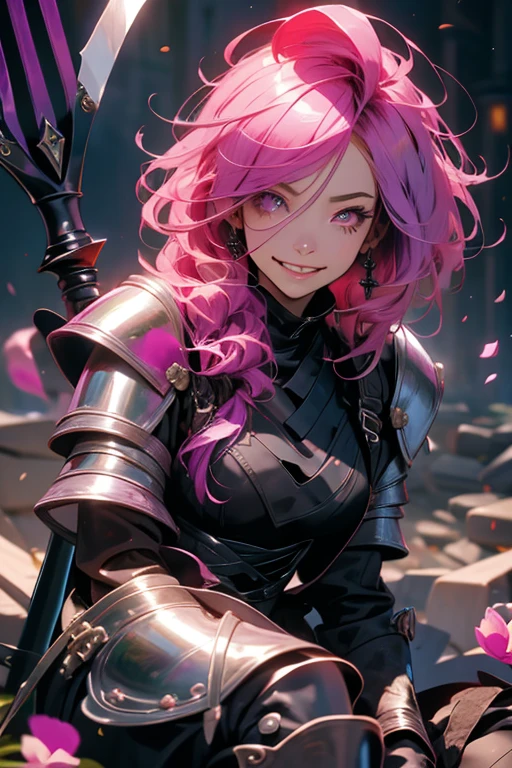 A pink haired reaper with violet eyes with an hourglass figure in leather armor is sitting with her scythe in a flurry of peony petals with a big smile
