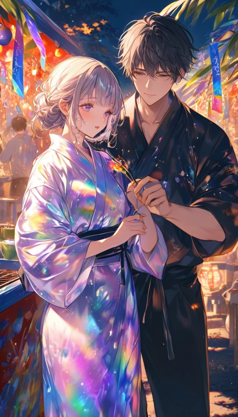 Two people、Tanabata、Strip、Bamboo leaf、Stripに願いをこめて、Stripを持っている、Grilling in a yukata,fluid,Particles of light, dream-like,Sparkling,dream-like glow,Paint drips,oil,strong stroke,Paint drips,Splash Paint Drop, oil,(Abstract:1.2)A girl and a boy made up of(Tanabataライトトレース:1.25),Change to (Radioluminescence light tracking) スタイルTanabataのSummer festival,Two peopleは織姫と彦星(Cowboy Shot,Above Knee Portrait:1.25),Temple Fair,Summer festival,Shining in rainbow colors、16K, Ultra-high resolution, to be born,wonderful ,future、Iridescent、The world 30 years from now。