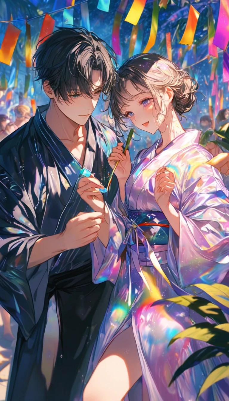 Two people、Tanabata、Strip、Bamboo leaf、Stripに願いをこめて、Stripを持っている、Grilling in a yukata,fluid,Particles of light, dream-like,Sparkling,dream-like glow,Paint drips,oil,strong stroke,Paint drips,Splash Paint Drop, oil,(Abstract:1.2)A girl and a boy made up of(Tanabataライトトレース:1.25),Change to (Radioluminescence light tracking) スタイルTanabataのSummer festival,Two peopleは織姫と彦星(Cowboy Shot,Above Knee Portrait:1.25),Temple Fair,Summer festival,Shining in rainbow colors、16K, Ultra-high resolution, to be born,wonderful ,future、Iridescent、The world 30 years from now。