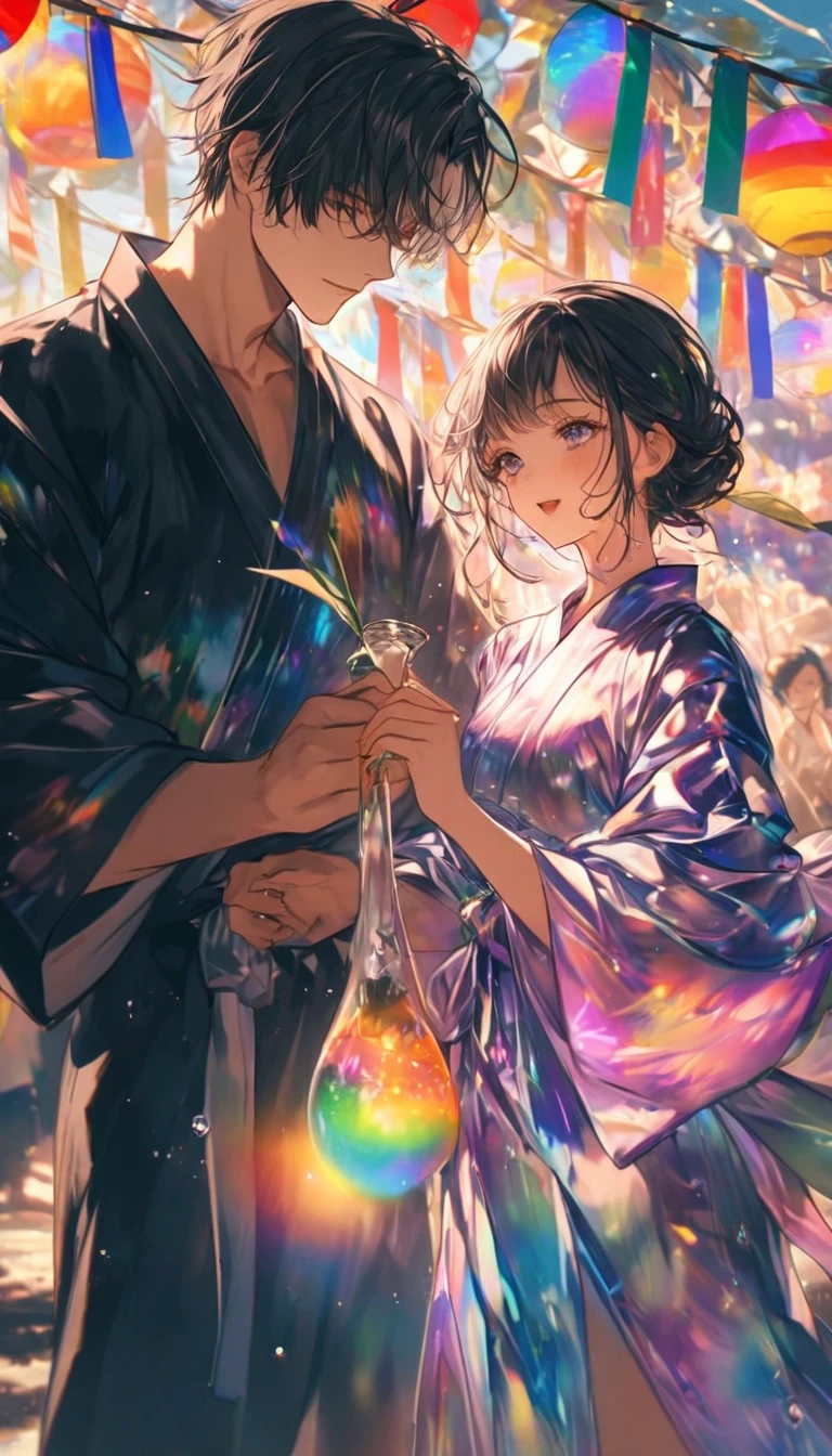 Two people、Tanabata、Strip、Bamboo leaf、Stripに願いをこめて、Stripを持っている、Grilling in a yukata,fluid,Particles of light, dream-like,Sparkling,dream-like glow,Paint drips,oil,strong stroke,Paint drips,Splash Paint Drop, oil,(Abstract:1.2)A girl and a boy made up of(Tanabataライトトレース:1.25),Change to (Radioluminescence light tracking) スタイルTanabataのSummer festival,Two peopleは織姫と彦星(Cowboy Shot,Above Knee Portrait:1.25),Temple Fair,Summer festival,Shining in rainbow colors、16K, Ultra-high resolution, to be born,wonderful ,future、Iridescent、The world 30 years from now。