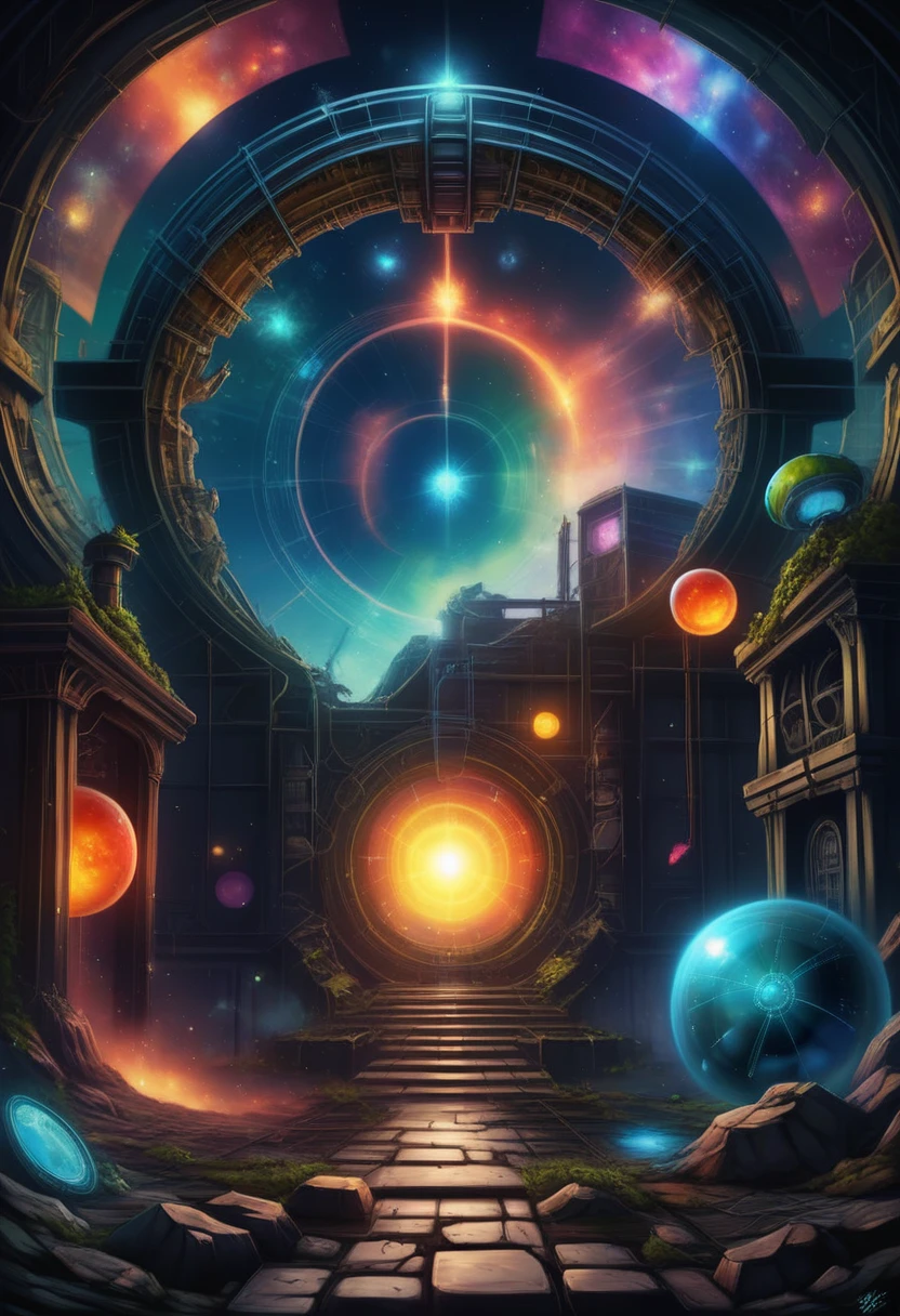 ((一个forgetful的时间之门:1.5))，(一个在ruins中穿越时空的装置)，Alien space，best qualityer，8K，high resolution，work of art：1.2，super verbose，hdr ,ultra high definition,studio lighting,very well,sharp focus,Physical Rendering,Extremely detailed description,main,shiny colors,blur the background,fantasy illustrations,surreal,conceptual artwork,The Art of Mathematics,details Intricate,marvelous,geometry,abstrato,symbolism、mysterymystery、Time travel、doors、portal、forgetful、ruins、interdimensional、unearthly、universe、universal、Abundant radiation、Energetic、prismastic