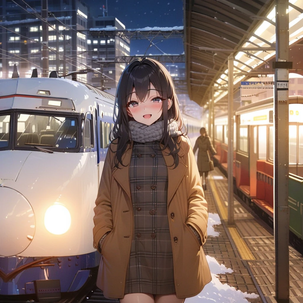 Kintetsu Vista Car、Double-decker train, outdoors, (vehicle focus), train station, window,snow,night,building,Leading vehicle,(headlight),signboard,1girl,,smile,open mouth,winter outfit,middle,black longhair,ultra-detailed,masterpiece,best quality