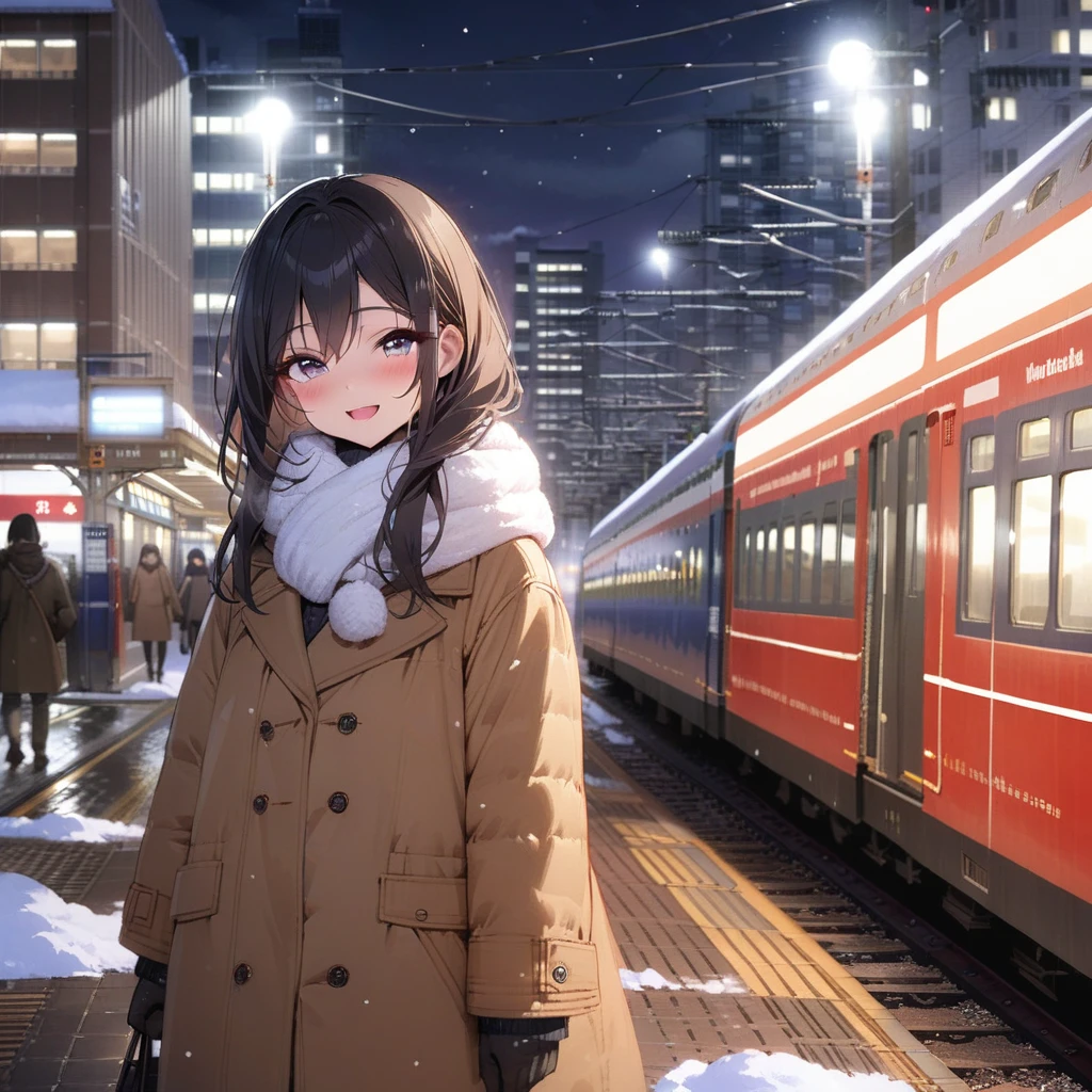 Kintetsu Vista Car、Double-decker train, outdoors, (vehicle focus), train station, window,snow,night,building,Leading vehicle,(headlight),signboard,1girl,,smile,open mouth,winter outfit,middle,black longhair,ultra-detailed,masterpiece,best quality