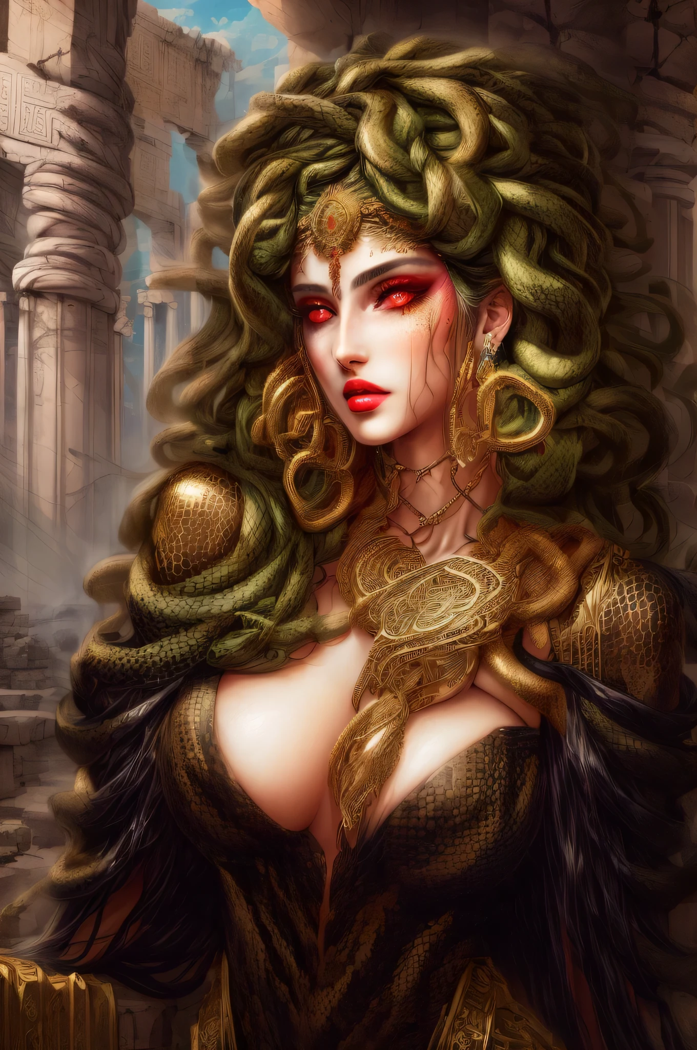 UHD 8k, HDR+, Medusa Gorgon is a beautiful girl with a necklace, large piercing eyes, huge earrings, giant earrings, hair made up of countless small snakes, full luscious lips, eyelashes, gold earrings with emeralds in her ears, jewelry, gold bracelets, tight-fitting dark green gothic dress, black high heels, high heels, slender legs, Against the background of the Gloomy ruins of a Greek temple, detailed background, realistic, 1girl, solo girl, 20 year old girl, ultra realistic face, hyperrealistic, hyperdetailed, (looking at viewers), sharpen, detailed face, detailed eyes, detailed lips, red lips, beautiful face, 16k, FHD, raw photo, cute face mesh, pretty face mesh, portrait shot 8 k