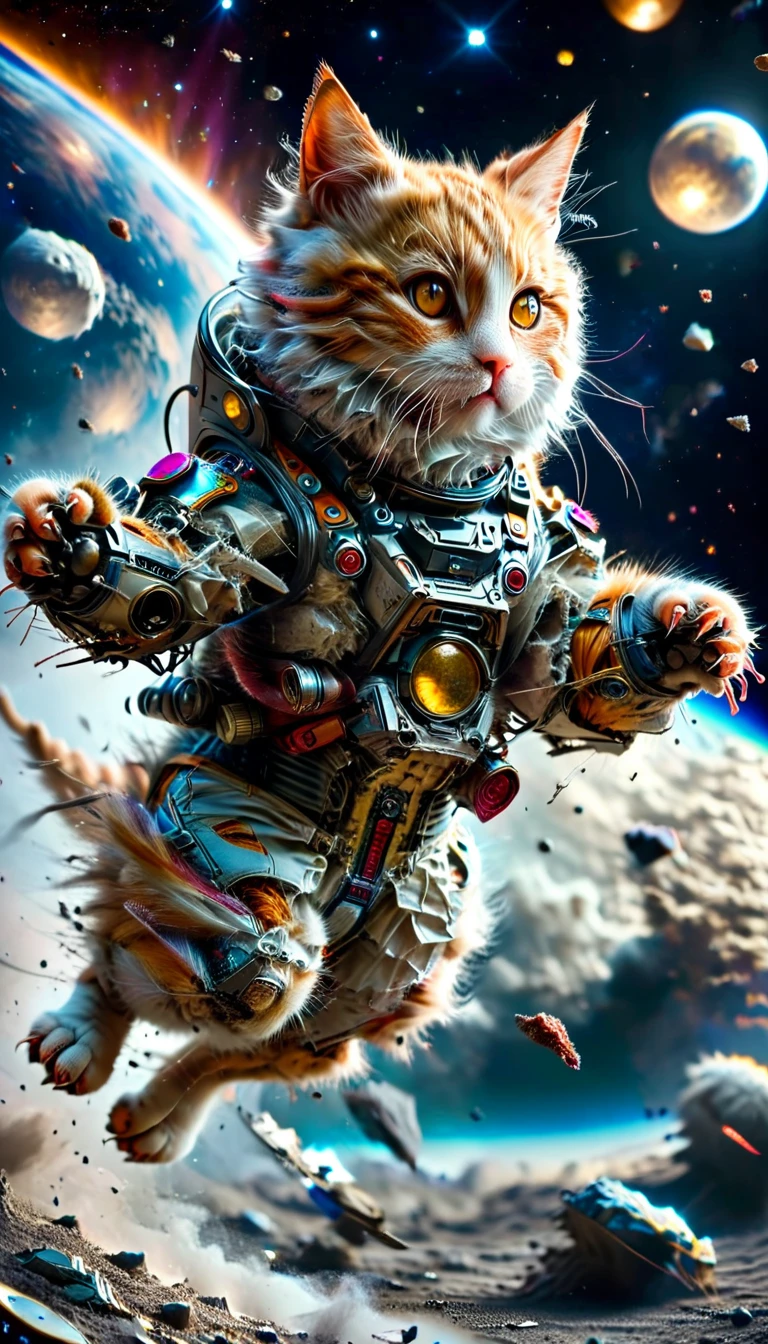 A cat in a spacesuit landed on the moon。Earth in the background。