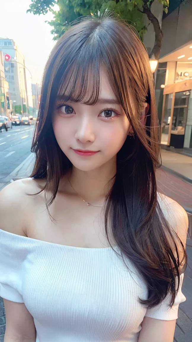 randome pose, mix4, (8K, Raw photography, top-quality, ​masterpiece: 1.45), (realisitic, Photorealsitic: 1.37), one girls, cute little, A smile、Cityscape, natta, profetional lighting, cafes,street,photon maping, Radio City, physically-based renderingt, Gradient black hair, white  hair, Semi-long loose hair, a handsome, girl with, large full breasts,Dress-off shoulder, top quality photo, hight resolution, 1080p, (clearface), (Detailed face description), (Detailed hand description), (​masterpiece), realisticlying, extreme light and shadows, dishevled hair, ​masterpiece, lush detail, (Fine facial features), (Highest Quality Photos), (​masterpiece), (finely eye), dual、Look in front of you, Fine clavicle,Emphasis on the armpits、Show lower milk