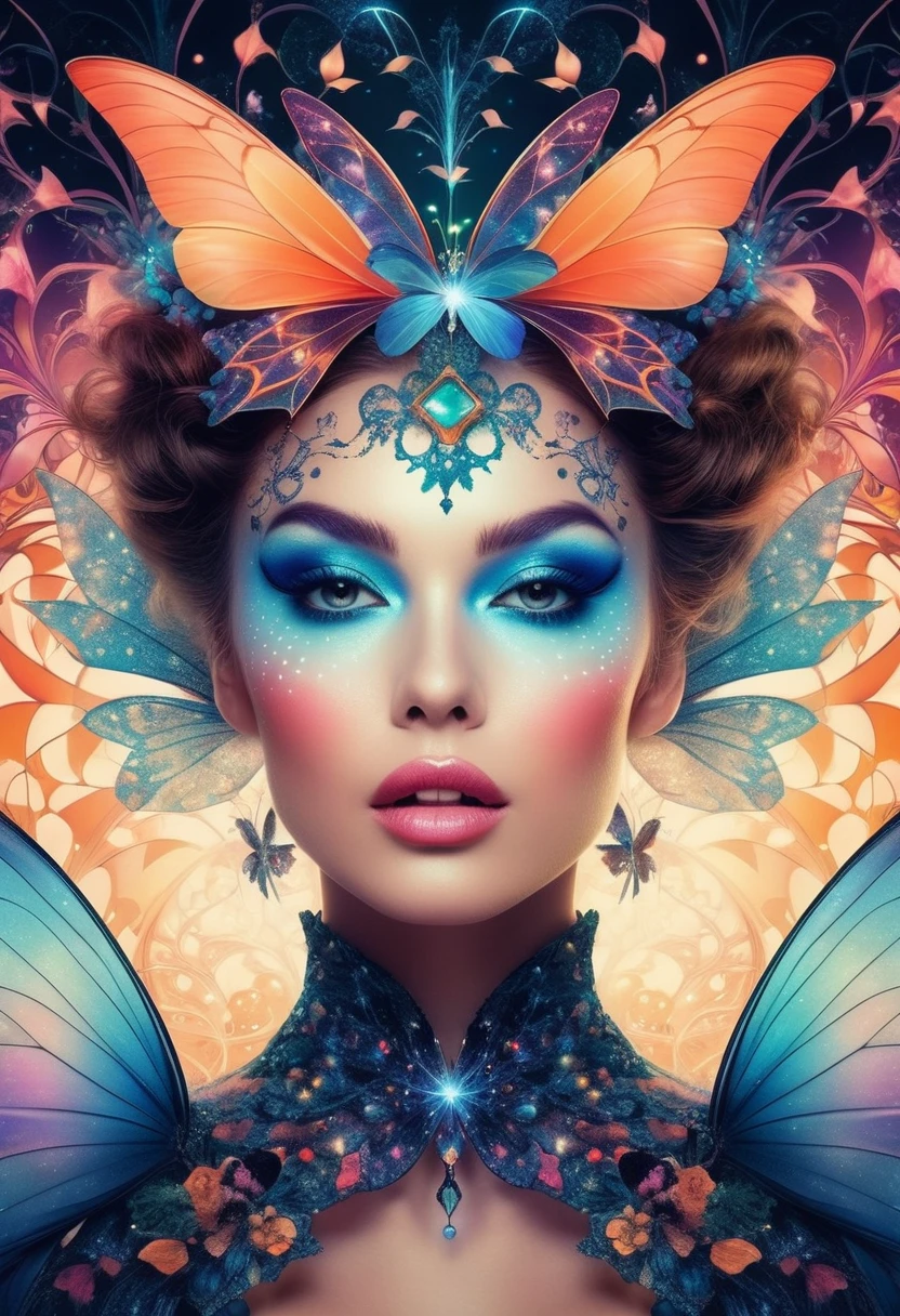 A mesmerizing portrait of a woman with dramatic makeup and a playful wink, surrounded by whimsical fairy tale elements and fractal designs.