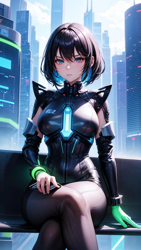 A highly productive woman with a seductive figure is sitting on a bench in a futuristic city park in the year 2050, holding a holographic tablet, with a backdrop of minimalist buildings and neon trees. The camera faces her directly, highlighting her focused expression.