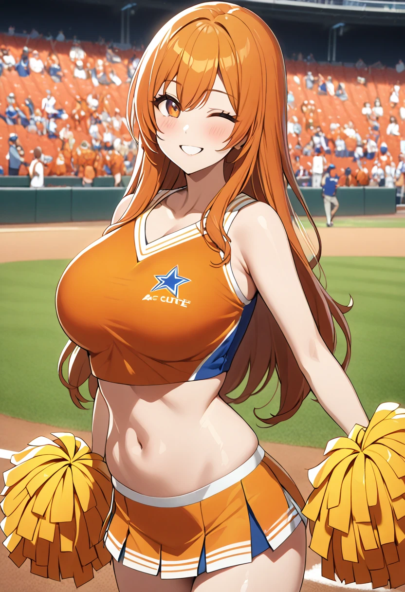 1 woman, solo, tall woman, long orange hair, straight hair ,orange eyes, (Full Breasts), High Height,masterpiece, high resolution, shiny, full body, beautiful,A cute smile that makes the viewer happy, highly detailed beautiful face and eyes,looking at viewer, (cheerleader:1.3), (in the baseball stadium:1.0), one eye closed, cute smile, 