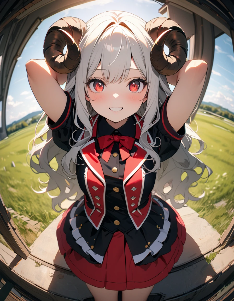 (8K, best quality, master piece: 1.2), super high resolution,1 girl,solo,,ultra-detailed face,detailed eyes,Sheep’s horns attached to the head,Long hair,silverhair,wavy hair,mascara,plaid pattern short sleeve bourdeax idol costume,Standing,arms behind head,smile,red eyes,sitting,Cowboy Shot,Natural lighting,fisheye,outdoors Grassland