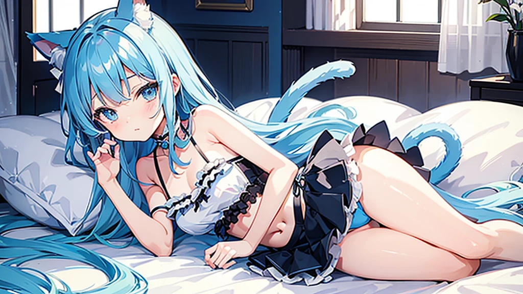 （Intricate and highly detailed illustration:1.8）、Cute Shota、Cat-eared teenager、Light blue long hair,frilly camisole bikini with frill skirt,lying on side,Very thick thighs,thigh gap,