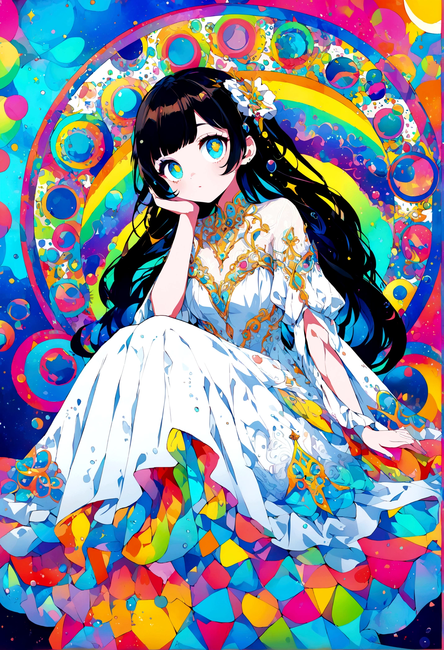 prism lens,Ethereal anime character, black hair.She is sitting.She has big eyes.She wears a traditional white dress decorated with delicate and elaborate embroidery and beautiful lace.vibrant colors, celestial glow, magical atmosphere, dreamlike quality, detailed illustration style,vibrant blue background, abstract rainbow color,s bubbles circles and bubbles, geometric patterns, pop art style