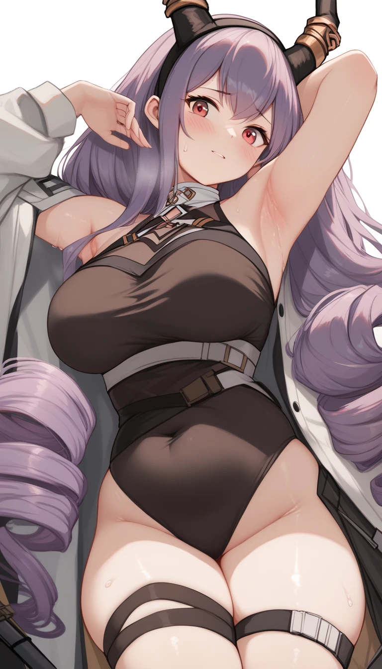 16K,typhon \(arknights\), 1girl, long hair, very long hair, purple hair, sidelocks, drill hair, twin drills, red eyes), black hairband, horns,black leotard ,blush,(((big breast))),arm up,((armpit focus)),Plump Armpits,Thick armpits,Drawn armpits,Armpit sweat,shiny skin,thick thighs