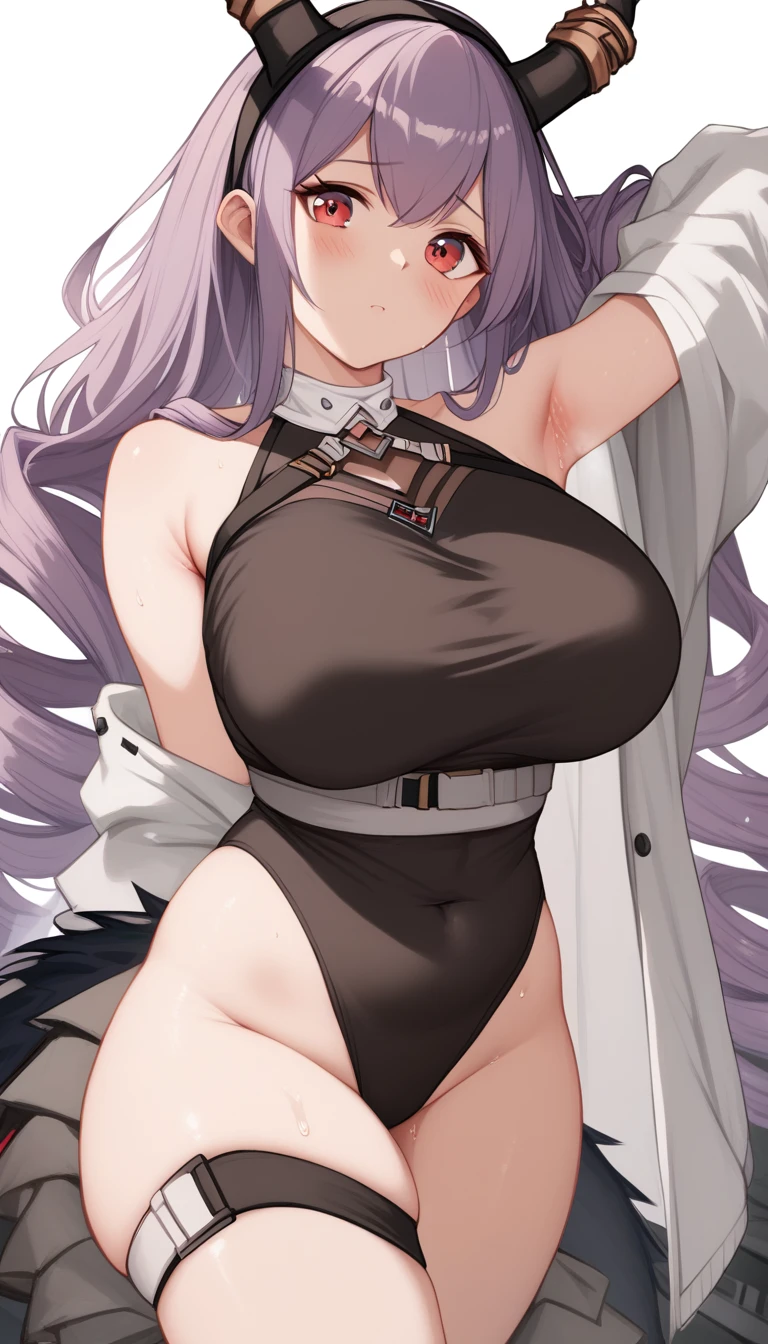 16K,typhon \(arknights\), 1girl, long hair, very long hair, purple hair, sidelocks, drill hair, twin drills, red eyes), black hairband, horns,black leotard ,blush,(((big breast))),arm up,((armpit focus)),Plump Armpits,Thick armpits,Drawn armpits,Armpit sweat,shiny skin,thick thighs