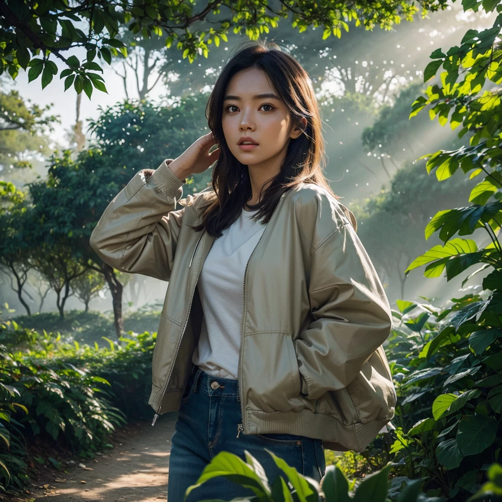 1girl, jacket, jeans, safari park, ultra-detailed, cinematic composition, sunlight exposure, ultra HD, 16k, best quality, masterpiece, hyper realistic, photorealistic, award winning, 8k, dramatic lighting, volumetric lighting, volumetric fog, extreme details, highly detailed face and skin, intricate details, sharp focus, cinematic framing, extensive details, striking poses, beautiful vivid colors, ethereal atmosphere, natural tones, vibrant colors, stunning vista, lush foliage, beautiful landscape, environmental portrait with wildlife animal in the background