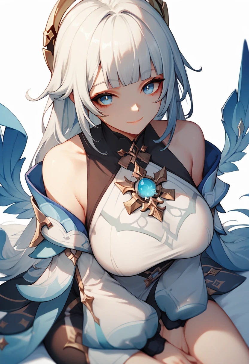 1girl, solo, white hair, blue eyes, sitting, white background, , looking at viewer, smile, blunt bangs, looking at viewer, closed mouth, genshin impact clothes, large breast,