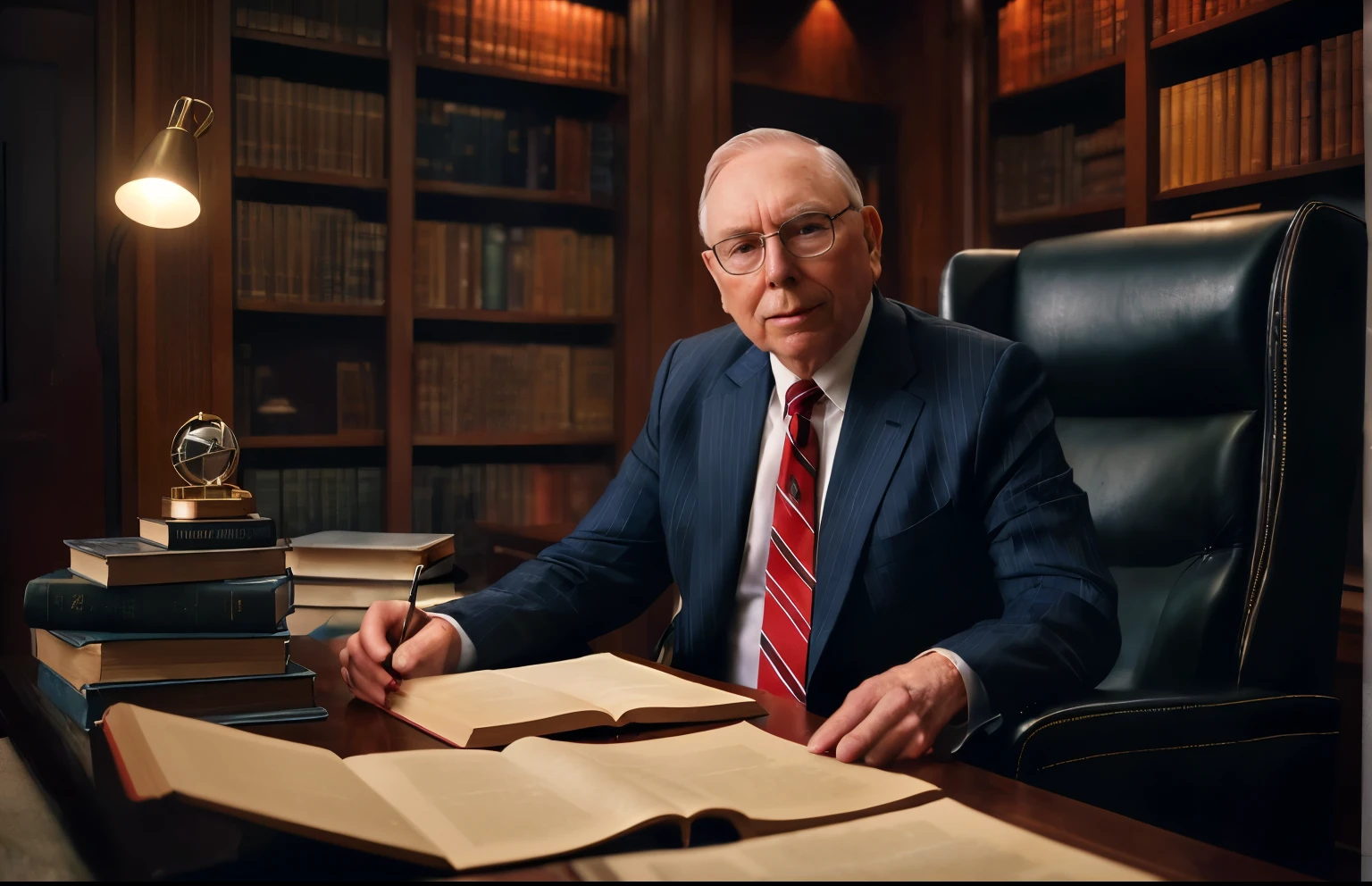 a highly detailed, realistic digital painting of Charlie Munger, portrait art of Charlie Munger sitting on his office desk, books on the table, The lighting is soft and warm, He is dressed in a dark suit with a white shirt and a red-striped tie. He has a confident, engaging expression and is positioned in a dimly lit, elegant office or study. In the background, there are bookshelves, The lighting is soft and warm, highlighting his face and creating a sense of depth and texture in the room. The overall composition exudes sophistication, wisdom, and a sense of historical importance