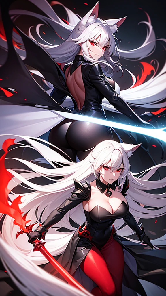 An adult woman half fox and wolf, wide breasts, red eyes, white hair, very angry, in a black dress, on her back, wide ass, looking back, with a sword, and in a battle environment, and very sexy
