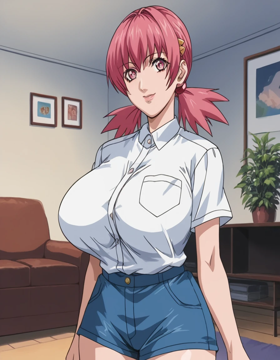 score_9, score_8_up, source_anime Bibl3, defwhitney, pink hair, low twintails, hair ornament, white shirt, short sleeves, blue shorts, huge breasts, full lips, vivid lips, wide hips, viewed from front, standing in living room, vacant smile, staring at viewer, hypnotized, detailed eyes, detailed face, pretty woman, morning