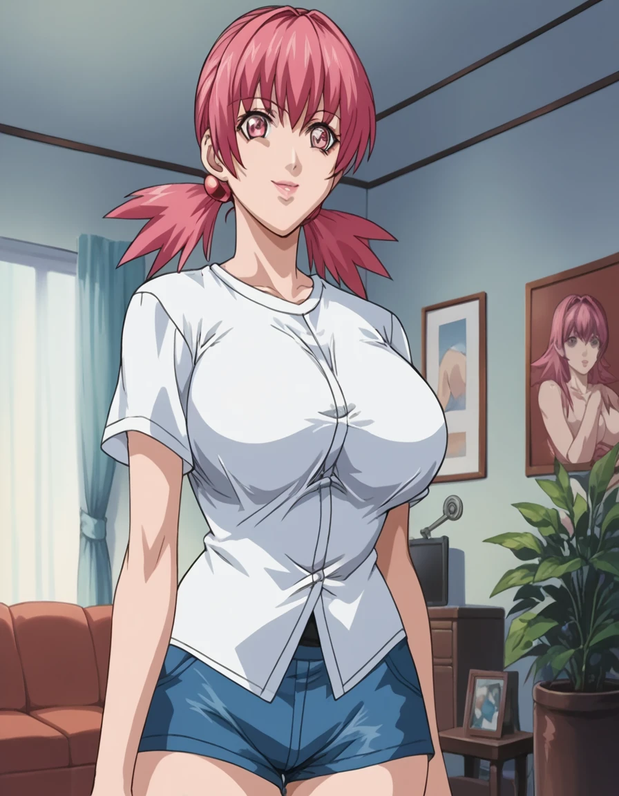 score_9, score_8_up, source_anime Bibl3, defwhitney, pink hair, low twintails, hair ornament, white shirt, short sleeves, blue shorts, huge breasts, full lips, vivid lips, wide hips, viewed from front, standing in living room, vacant smile, staring at viewer, hypnotized, detailed eyes, detailed face, pretty woman, morning