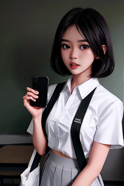 (((Ultra-HD-quality-details))) , Indonesian, Southeast Asian high school girl with a round face, short black hair with a scared expression, white shirt, gray skirt, classroom, carrying a black sling bag, holding a cell phone with the flash on, medium shot portrait, background in the classroom quiet at night there is a shadow of a monster behind,