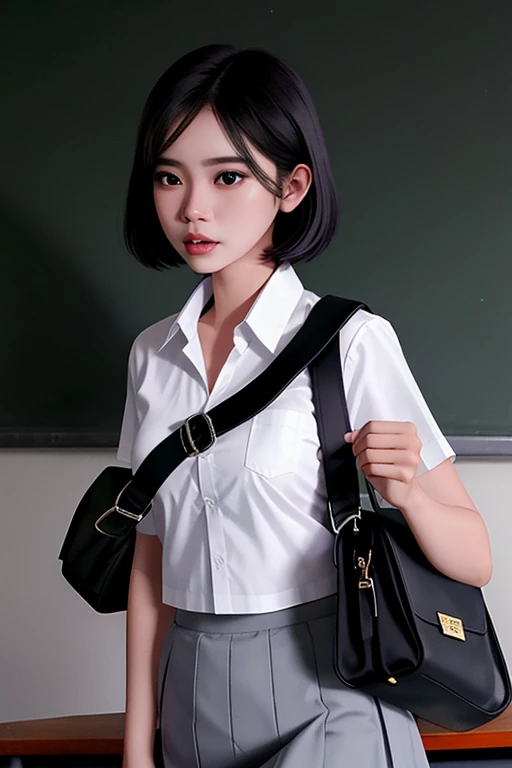 (((Ultra-HD-quality-details))) , Indonesian, Southeast Asian high school girl with a round face, short black hair with a scared expression, white shirt, gray skirt, classroom, carrying a black sling bag, holding a cell phone with the flash on, medium shot portrait, background in the classroom quiet at night there is a shadow of a monster behind,