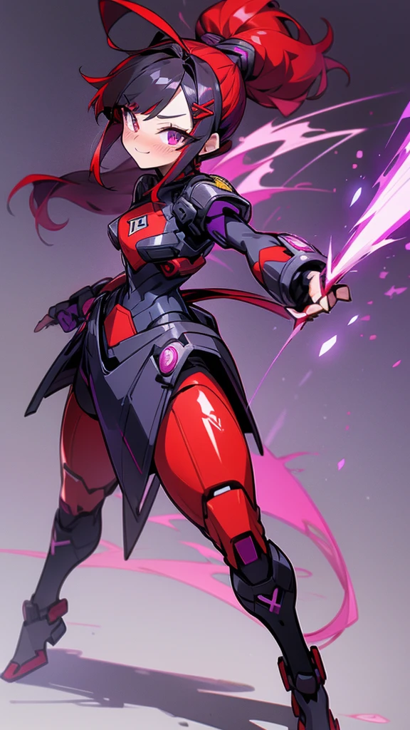 high tail hairstyle, Ponytail hairstyle, Long wavy black hair, standing posing, anime girl style, pixel art anime style,penetrating look with deep eyes,red and purple eyes, hair with a ponytail hairstyle trapped with a big red bun, Women, red hair clips, x color shaped hair clips , smiling face blush,