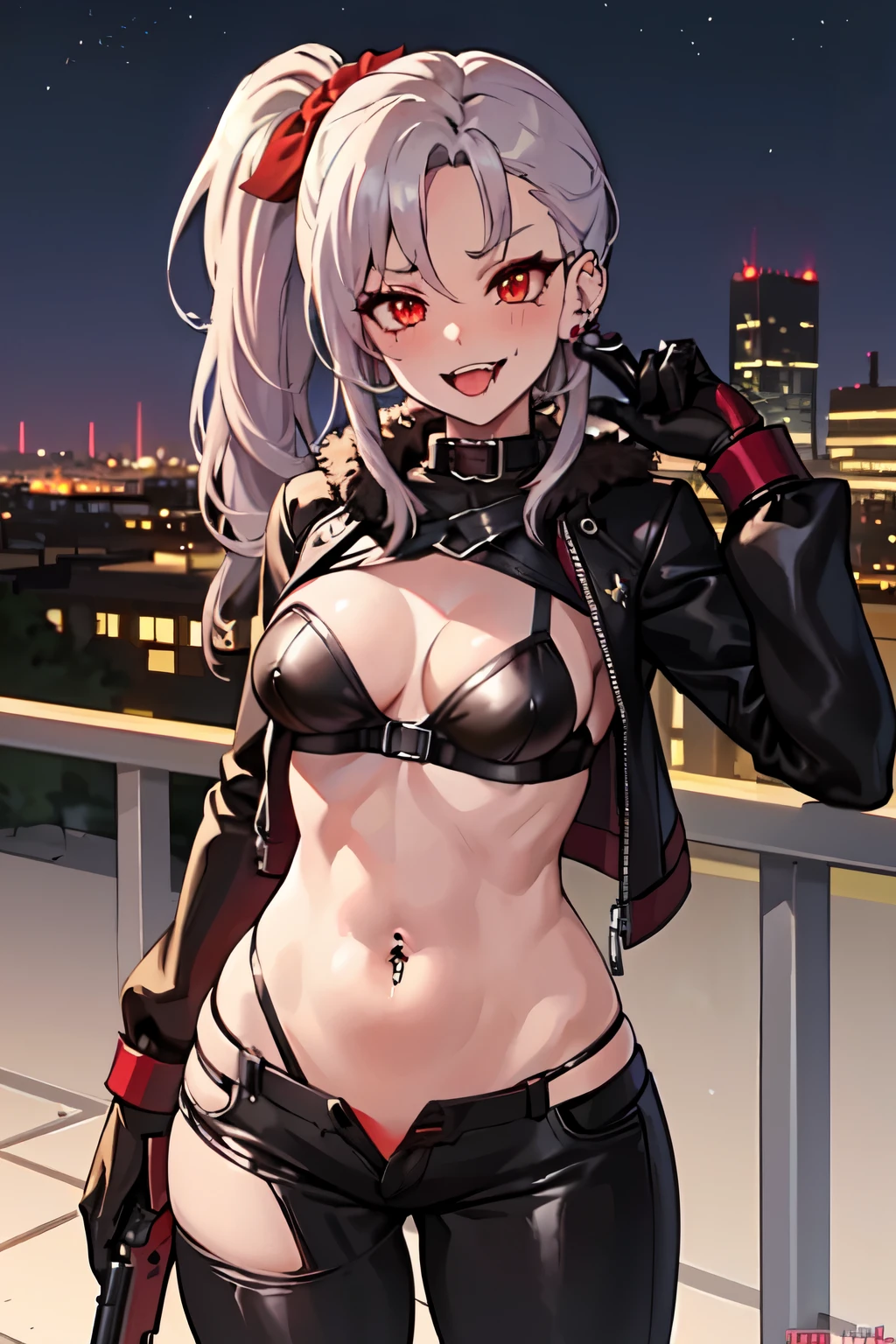 1girl, fefe, red eyes, side ponytail, ear piercing, long hair, blush, lipstick,,fur trim, female, gloves, fur-trimmed coat , outdoors, rooftop, cityscape, building, railing, night, night sky, scenery, moon, city lights, gloves, masterpiece, best quality, highly detailed, a girls with a gun, evil smile , open mouth, sexy g, badass
pose , evil smile, smile, (nsfw) not safe for work, guns blazing, anime girl with long hair, beautiful long
haired girl, navel, evil expression, exposed belly, exposed navel, exposed midriff, exposed lower belly,
long black pants, crop top, cleavage,ned leather pants ,open fly, low rise black leather pants,
leather jacket, holding a gun, navel piercing