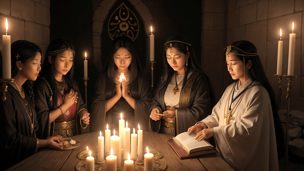 "Description: Create a scene illustrating the influence of cultural factors and personal testimonies on contemporary beliefs about the afterlife. Show individuals sharing their stories and cultural practices that influence their perspectives, blending ancient scripture with modern interpretations and experiences.

Details: Use a narrative approach to depict personal testimonies and cultural influences shaping beliefs about the afterlife. Include elements such as sacred symbols, traditional rituals, and modern media representations that contribute to the dynamic interplay between ancient scripture and contemporary thought. Show expressions of reverence, introspection, and spiritual growth on the faces of those sharing their beliefs, reflecting the diverse influences that enrich their understanding of eternal destiny."
