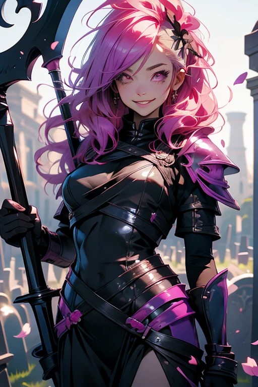 A pink haired reaper with violet eyes with an hourglass figure in leather armor is posing with her scythe in a flurry of peony petals with a big smile in a cemetery