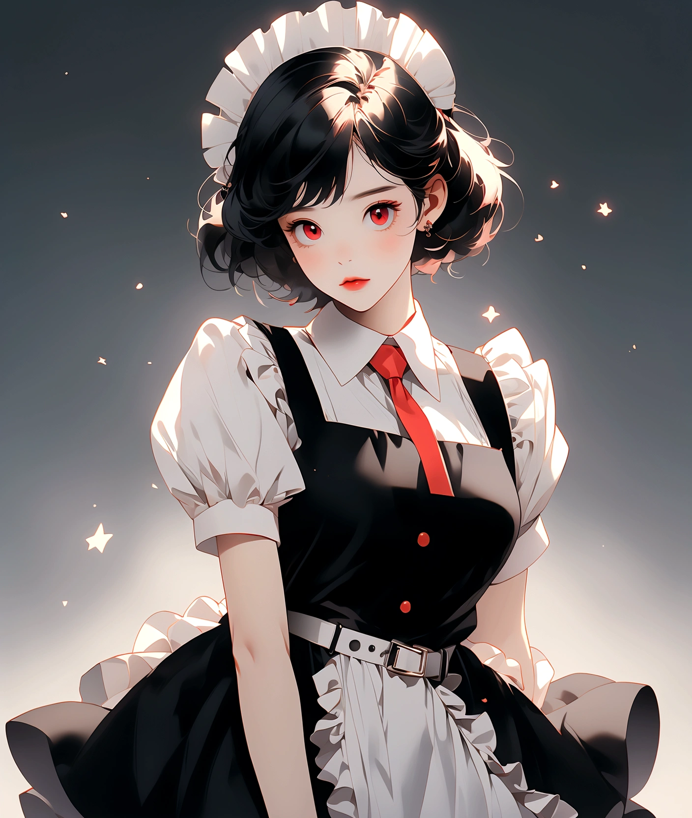 1girl, solo, breasts, looking at viewer, short hair, bangs, simple background, black hair, red eyes, dress, medium breasts, closed mouth, weapon, short sleeves, pantyhose, multicolored hair, frills, puffy sleeves, belt, nail polish, apron, black dress, puffy short sleeves, hand on hip, wrist cuffs, maid, maid headdress, black background, red nails, maid apron, cropped legs