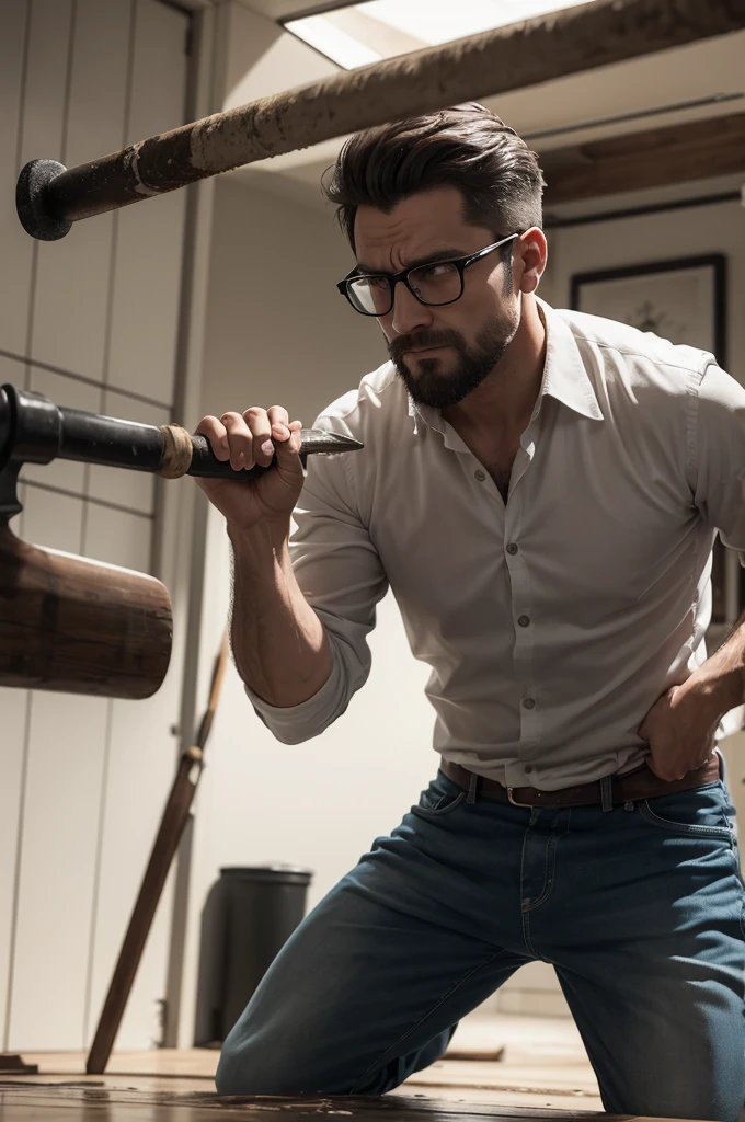 A man holds a sledgehammer and raises it to hit the glasses in front of him. 