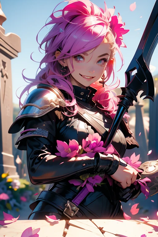 A pink haired reaper with violet eyes with an hourglass figure in leather armor is posing with her scythe in a flurry of peony petals with a big smile in a cemetery