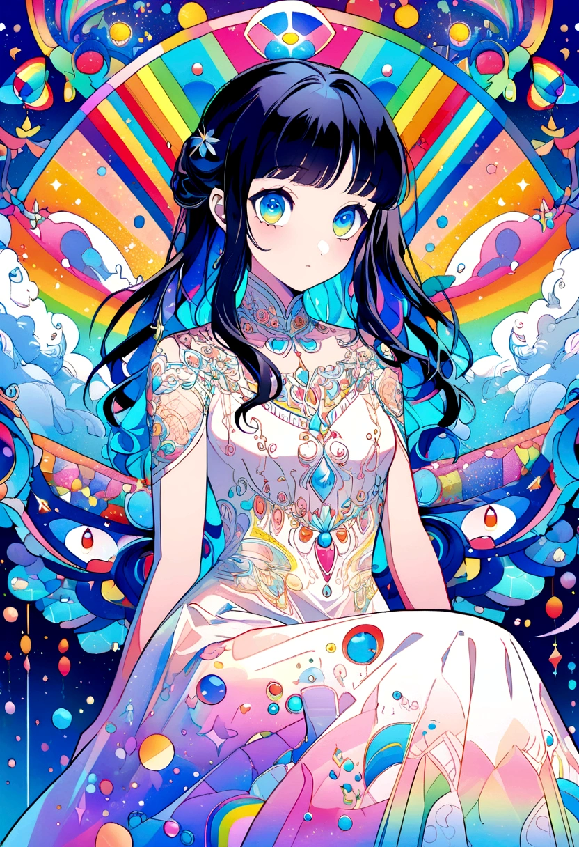 prism lens,Ethereal anime character, black hair.She is sitting.She has big eyes.She wears a traditional white dress decorated with delicate and elaborate embroidery and beautiful lace.vibrant colors, celestial glow, magical atmosphere, dreamlike quality, detailed illustration style,vibrant blue background, abstract rainbow color,s bubbles circles and bubbles, geometric patterns, pop art style