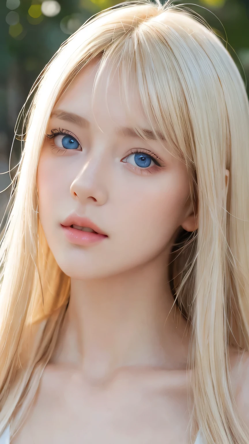 Highest quality、masterpiece、(Realistic:1.4)、One very beautiful blonde girl、Dazzlingly long, super long straight silky platinum blonde、Bangs between the eyes、bangs on the face、Big, very bright light blue eyes that shine so beautifully、Very big eyes、front、Detailed face、Beautiful Eyes、Very white and bright, beautiful skin、Small Face Beauty、14 year old beautiful girl、Cheek gloss highlighter、Round face