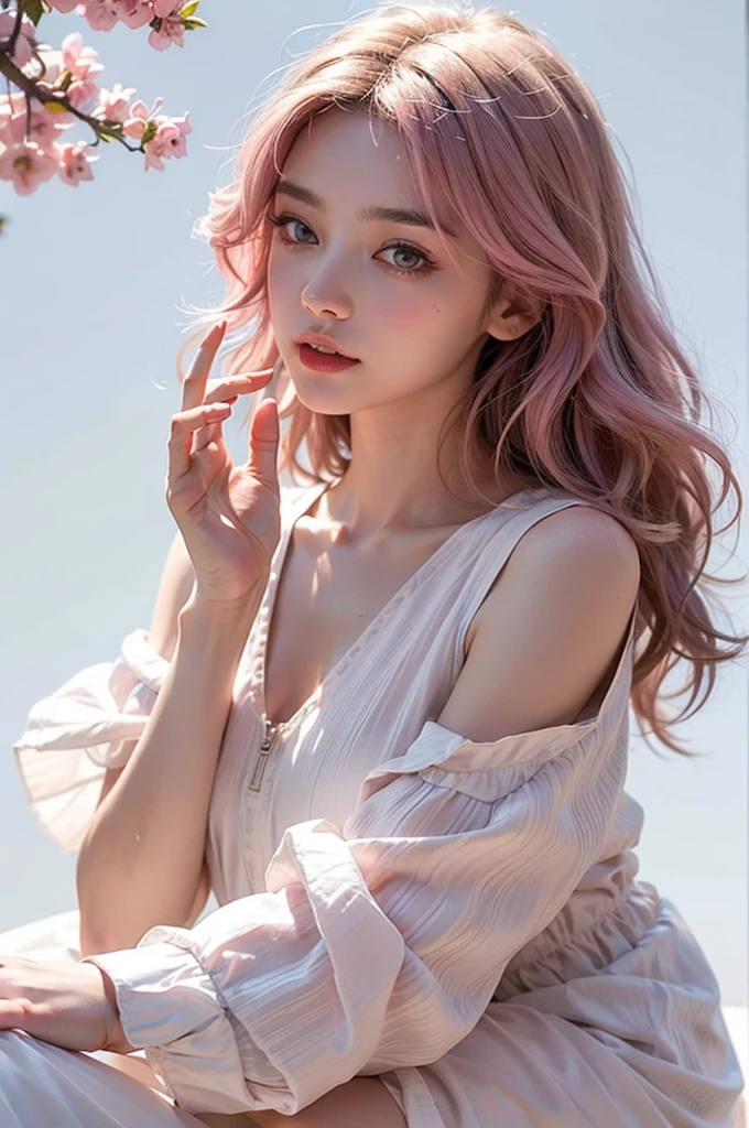 Light pink hair, Pink Eyes, Pink and white, Cherry leaves, Vibrant colors, White Dress, Paint splashes, Simple Background, Ray Tracing, Wavy Hair