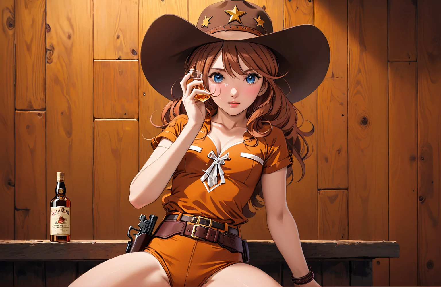 (((1 person:2.5))),(((NSFW:1.2))),(((Wear a bikini:1.5))),(((Brown swimsuit:1.5)))(((Wear a gun belt with a holster:1.8))),,((Wear a watch on your wrist:1.5))),(((Showing cleavage))),(((Exposed thin inner thighs))),(((Small breasts:1.5))),(((Bare arms))),(((Put on your boots:1.5))),((Blushed:1.8)), Beautiful detailed girl, Very detailed目と顔, 緻密でBeautiful Eyes, Very detailed, High resolution, Highest quality, masterpiece, Very detailed, 8k wallpaper, wonderful, finely, Highest quality,(Standing in front of a wooden wall),Beautiful Eyes,((Engage your audience:1.5)),((Cowboy Shot:1.5))),((Front shot:1.2)),((Place your right hand on your chest:1.5)),((Drinking whiskey:1.4)),(((Drunk,Cry:1.8))),(((Sit on a chair:1.2)))