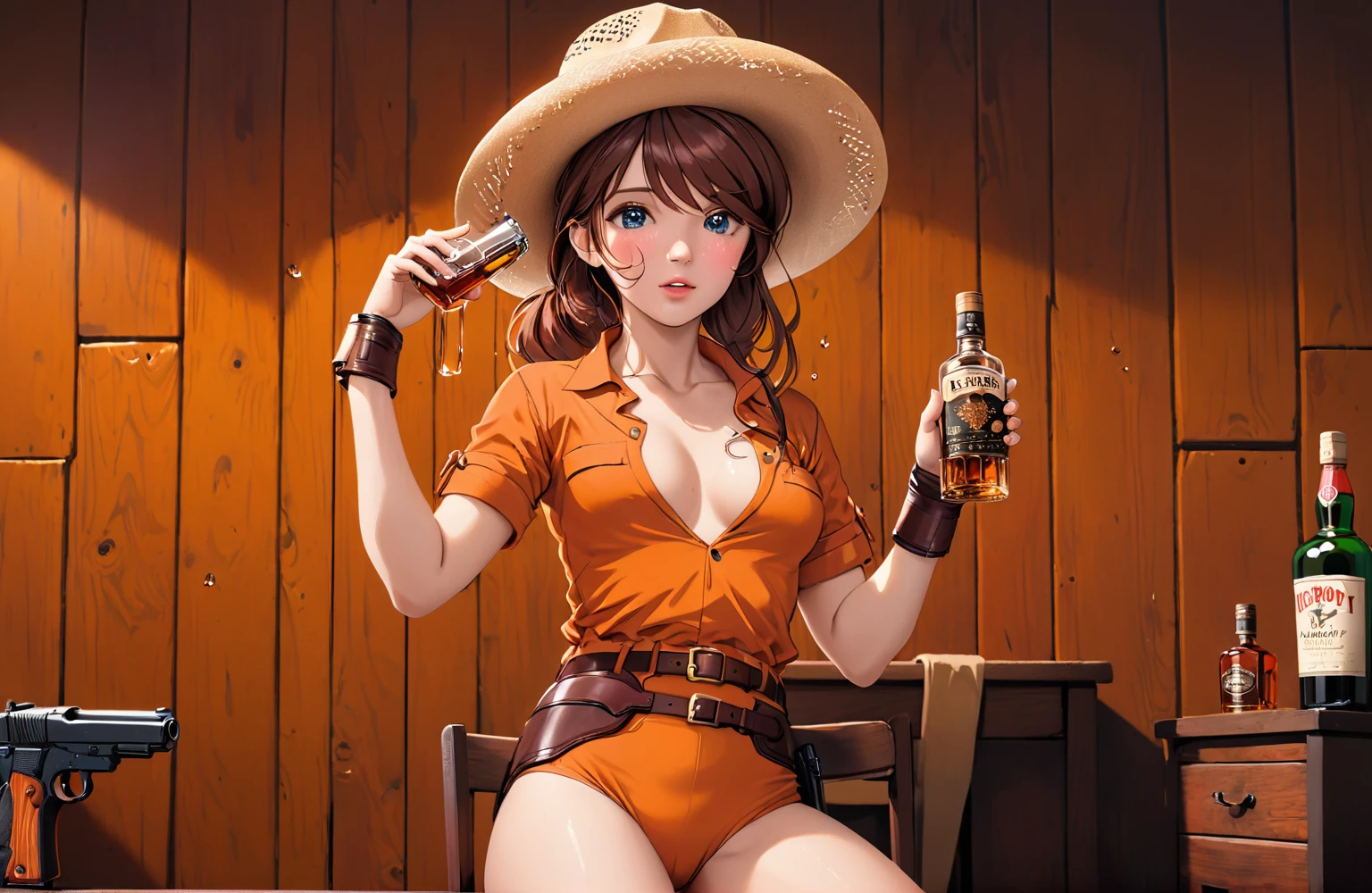(((1 person:2.5))),(((NSFW:1.2))),(((Wear a bikini:1.5))),(((Brown swimsuit:1.5)))(((Wear a gun belt with a holster:1.8))),,((Wear a watch on your wrist:1.5))),(((Showing cleavage))),(((Exposed thin inner thighs))),(((Small breasts:1.5))),(((Bare arms))),(((Put on your boots:1.5))),((Blushed:1.8)), Beautiful detailed girl, Very detailed目と顔, 緻密でBeautiful Eyes, Very detailed, High resolution, Highest quality, masterpiece, Very detailed, 8k wallpaper, wonderful, finely, Highest quality,(Standing in front of a wooden wall),Beautiful Eyes,((Engage your audience:1.5)),((Cowboy Shot:1.5))),((Front shot:1.2)),((Place your right hand on your chest:1.5)),((Drinking whiskey:1.4)),(((Drunk,Cry:1.8))),(((Sit on a chair:1.2)))
