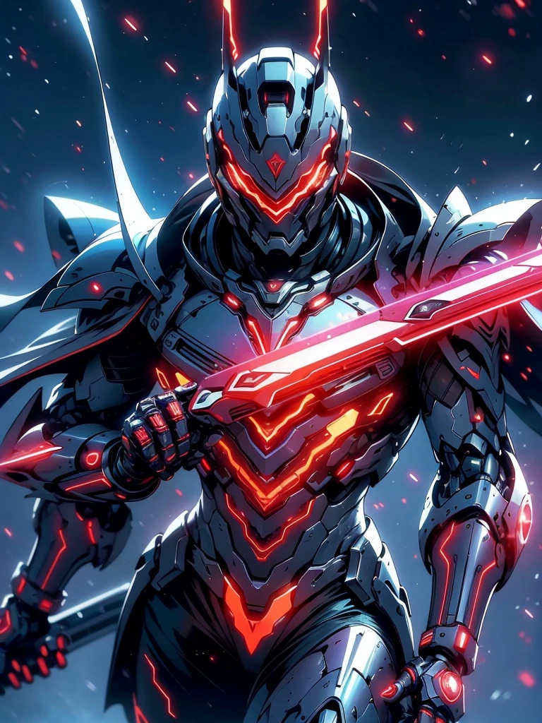 Masterpiece, Best quality, Realstic,brillant,reflective,bioluminique, Galactic cybernetic mask,Mecha galactique rouge-vert,(assassin:1.2), Chevalier robotique, Pose de guerrier tueur, couronne,tenant une longue épée rouge brilliante,galaxie,runes rougeoyantes_rouge,corps complet,Cinemnatic,background dark,backlight,high contrast,