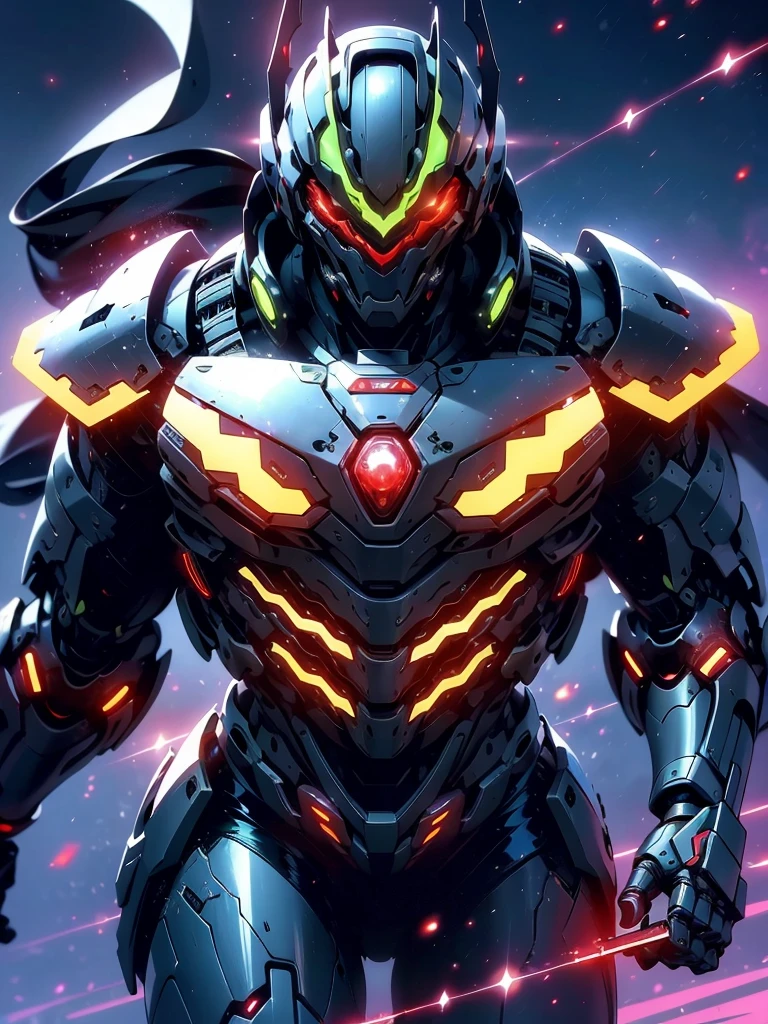 Masterpiece, Best quality, Realstic,brillant,reflective,bioluminique, Galactic cybernetic mask,Mecha galactique rouge-vert,(assassin:1.2), Chevalier robotique, Pose de guerrier tueur, couronne,tenant une longue épée rouge brilliante,galaxie,runes rougeoyantes_rouge,corps complet,Cinemnatic,background dark,backlight,high contrast,
